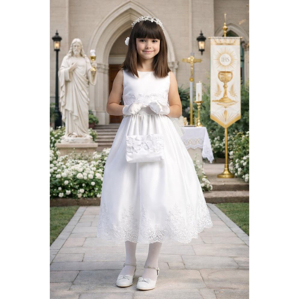 NEW Girls First Holy Communion Dress Size 6 - Tulle Corded Emb Sequin Tea-Length